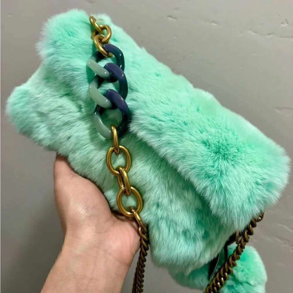 Handmade Real Rex Rabbit Fur Fold-over Flap Bag Includes Free Gift - Picture 8 of 16